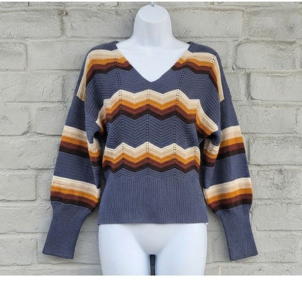 FCT with Love Chevron Striped Knit V-Neck Sweater Blue Brown Boho Large L